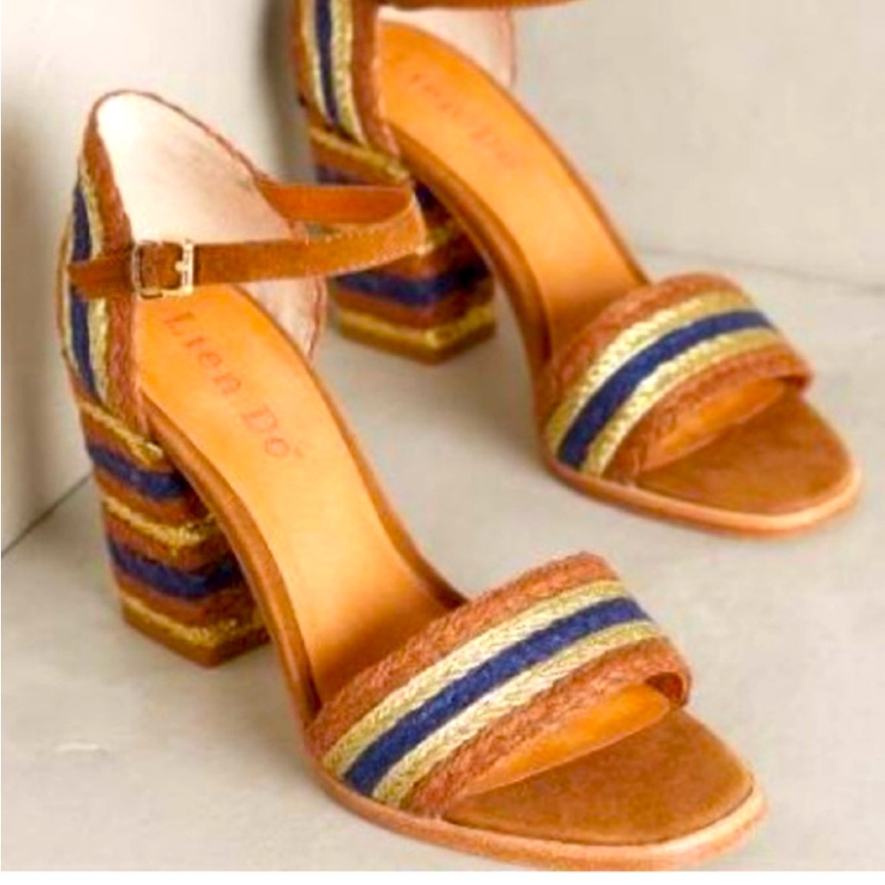 Anthropologie Lien Do blue gold camel sandal block heels size 7.5